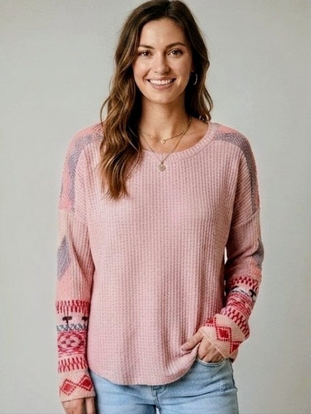 NWOT Black Tape Pink Waffle Knit Boho Chevron Sleeve Sweater XL